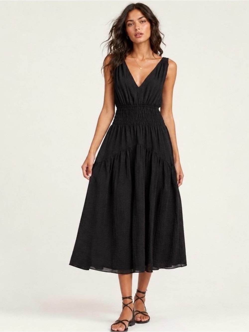 Vince Black V-Neck Smocked Waist Midi Dress